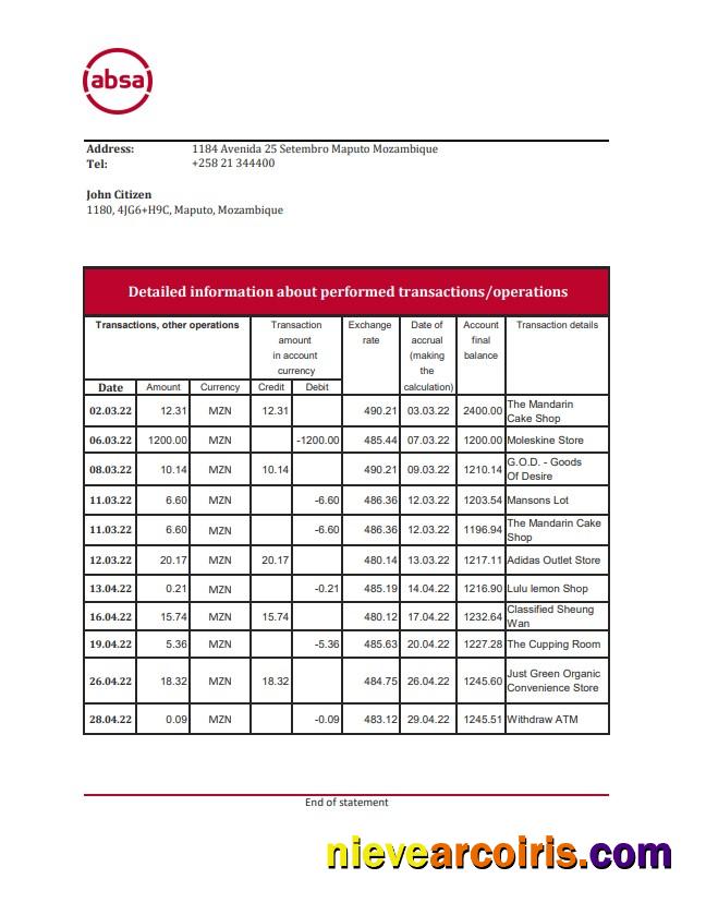 Mozambique ABSA bank statement